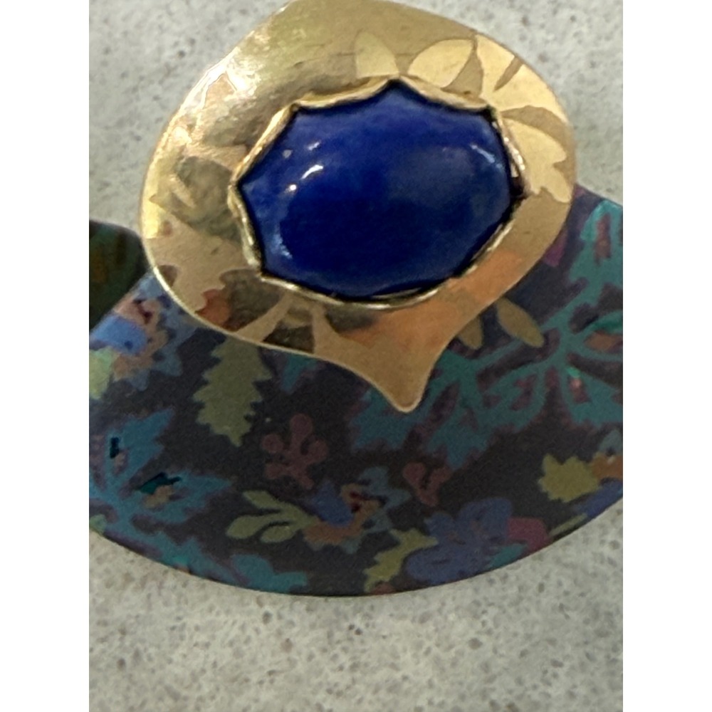 Vintage Holly Yashi Lapis Iridescent Floral Fan Post Earrings Gold Tone Signed - Picture 8 of 9